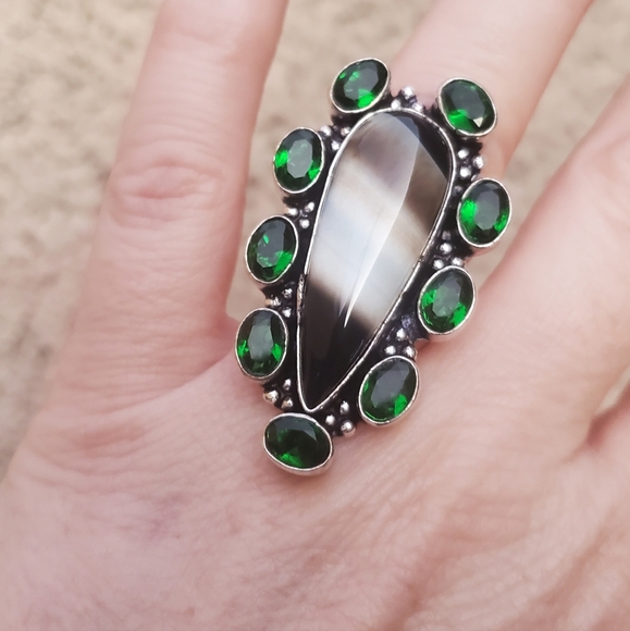 New Oversized Banded Agate & Peridot 925 Silver Statement Ring. - Picture 3 of 14